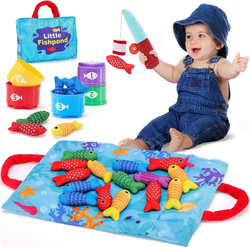 hahaland Montessori Toys for 1 Year Old - 10 in 1 Cloth Toddler Fishing Game with Stacking Cups, Baby Toy 12-18 Months
