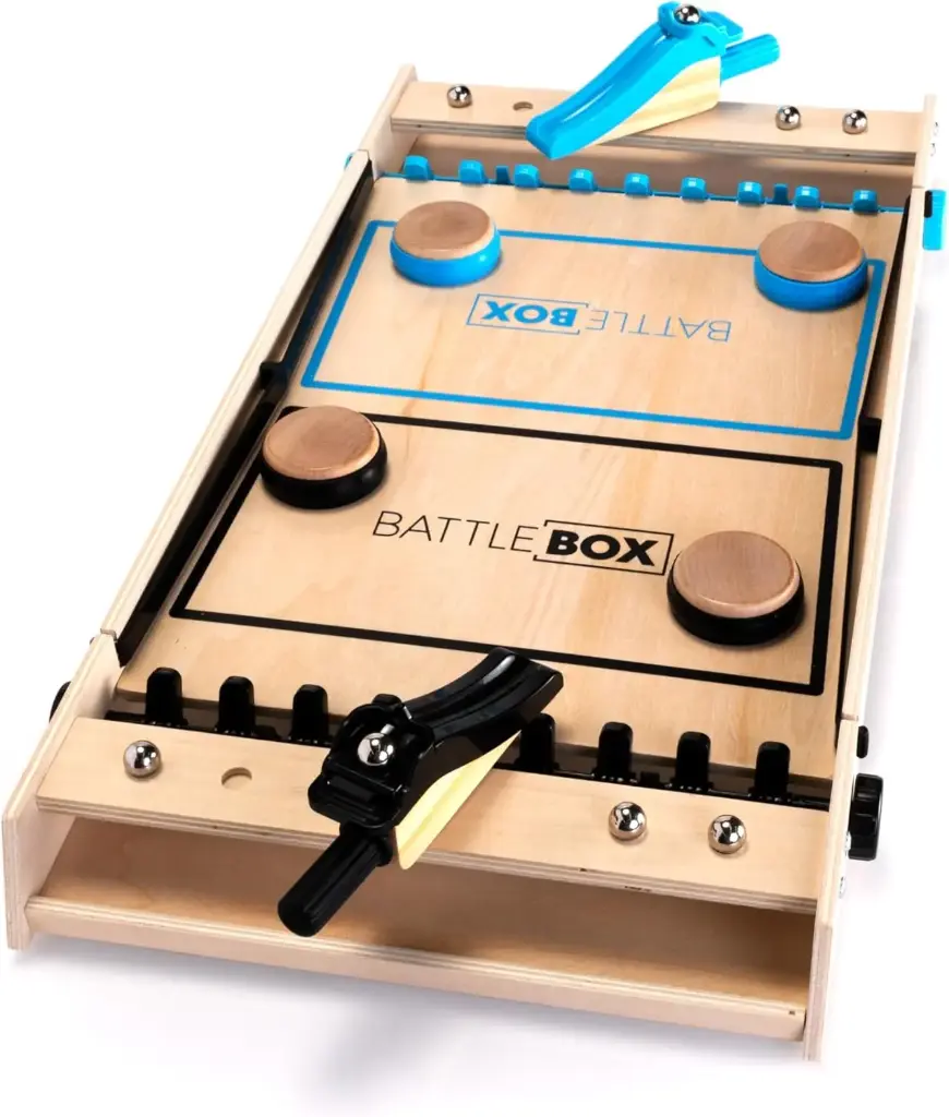 Fat Brain Toys Battle Box Marble Games, Targeting Aiming Tabletop Wooden Game for Kids & Tweens Ages 8-12
