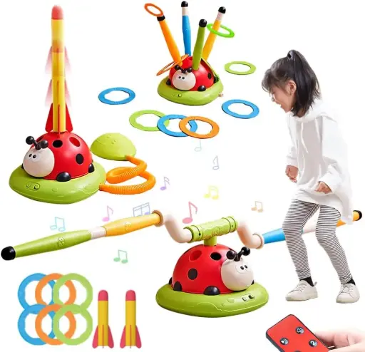 Powza 3 in 1 Musical Jump, Toss Ring Game and Stomping Launch Rocket Launcher for Kids Outdoor Toys with Remote Control, Indoor Outside Toy